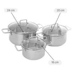 Set of 3 stainless steel pots with 3 bottoms and glass lids Elmich Trimax XR EL-3843