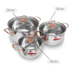 Set of 3 stainless steel pots with 3 bottoms and glass lids Sunhouse SHG306
