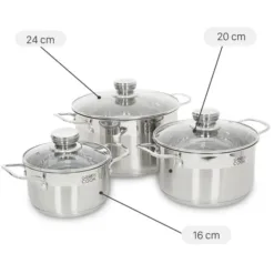 Set of 3 stainless steel pots with 5 bottoms and glass lids Green Cook GCS232-T1