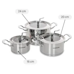Set of 3 stainless steel pots with 5 bottoms and glass lids Sunhouse SHG2503MSA