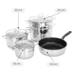 Green Cook GCS241-T1 5-piece stainless steel pot and pan set with glass lid
