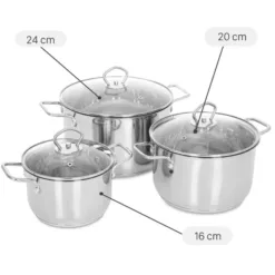 Set of 3 stainless steel pots with 3 bottoms and glass lids Delites CW-B007-1